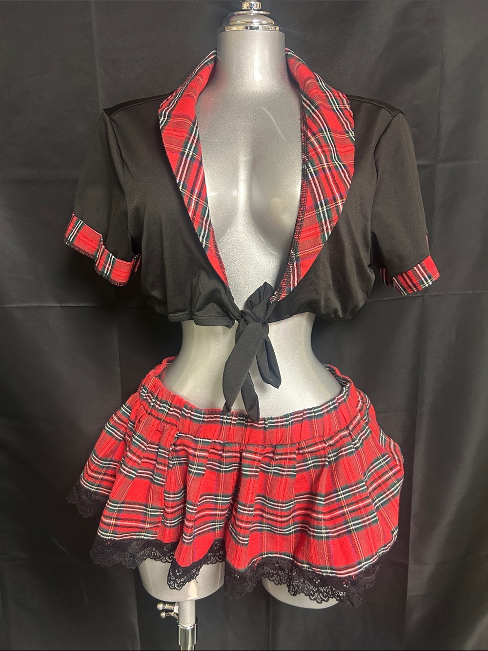 Plaid Red Mini Skirt with Black Tie-Front Top